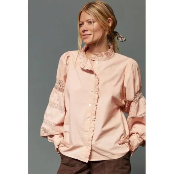 Love the Label Tops - Anthropologie Love the Label Puff-Sleeved Lace Button Down Blouse